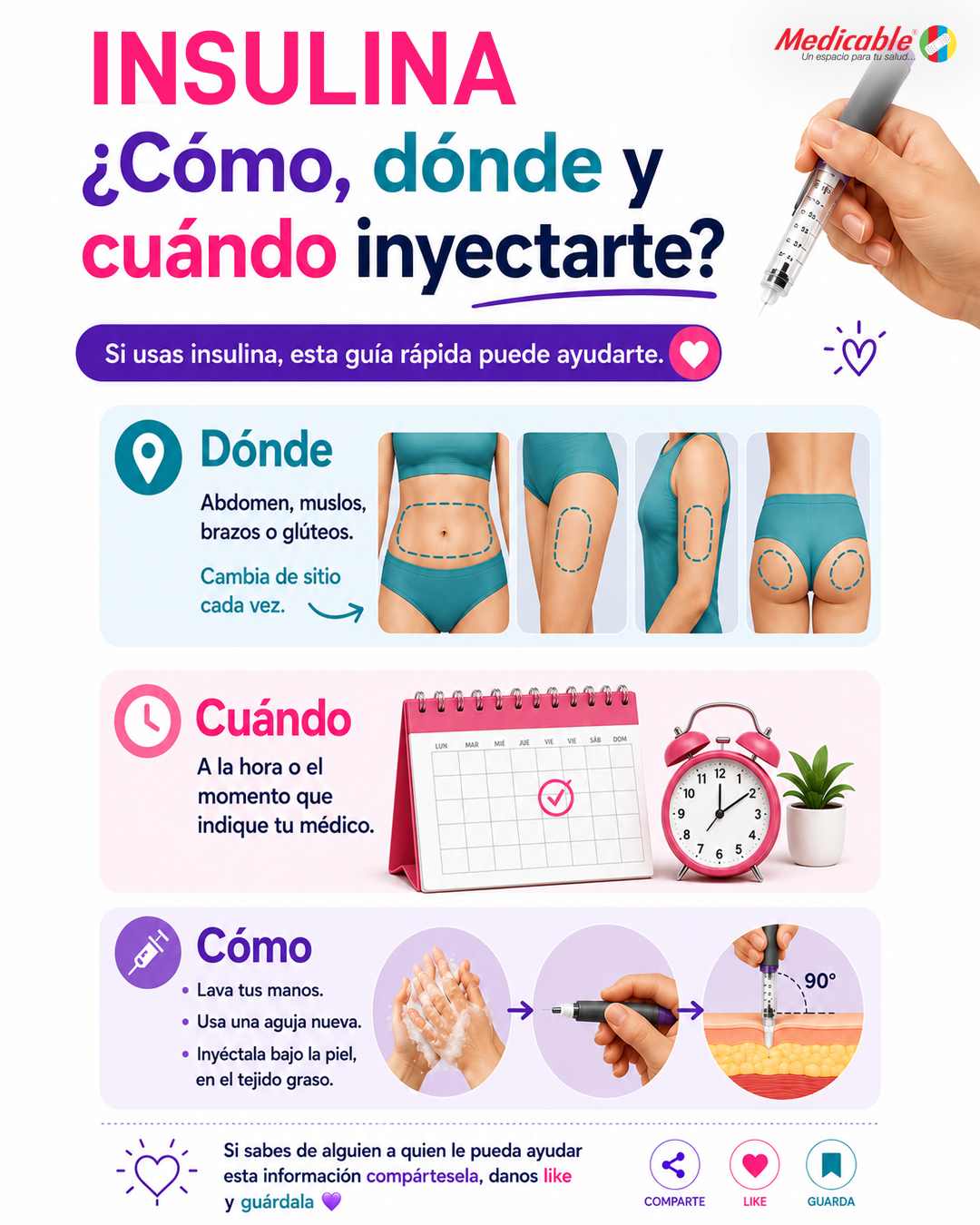 ¿Cómo, dónde y cuándo inyectarte?
Si usas insulina, esta guía rápida puede ayudarte.
